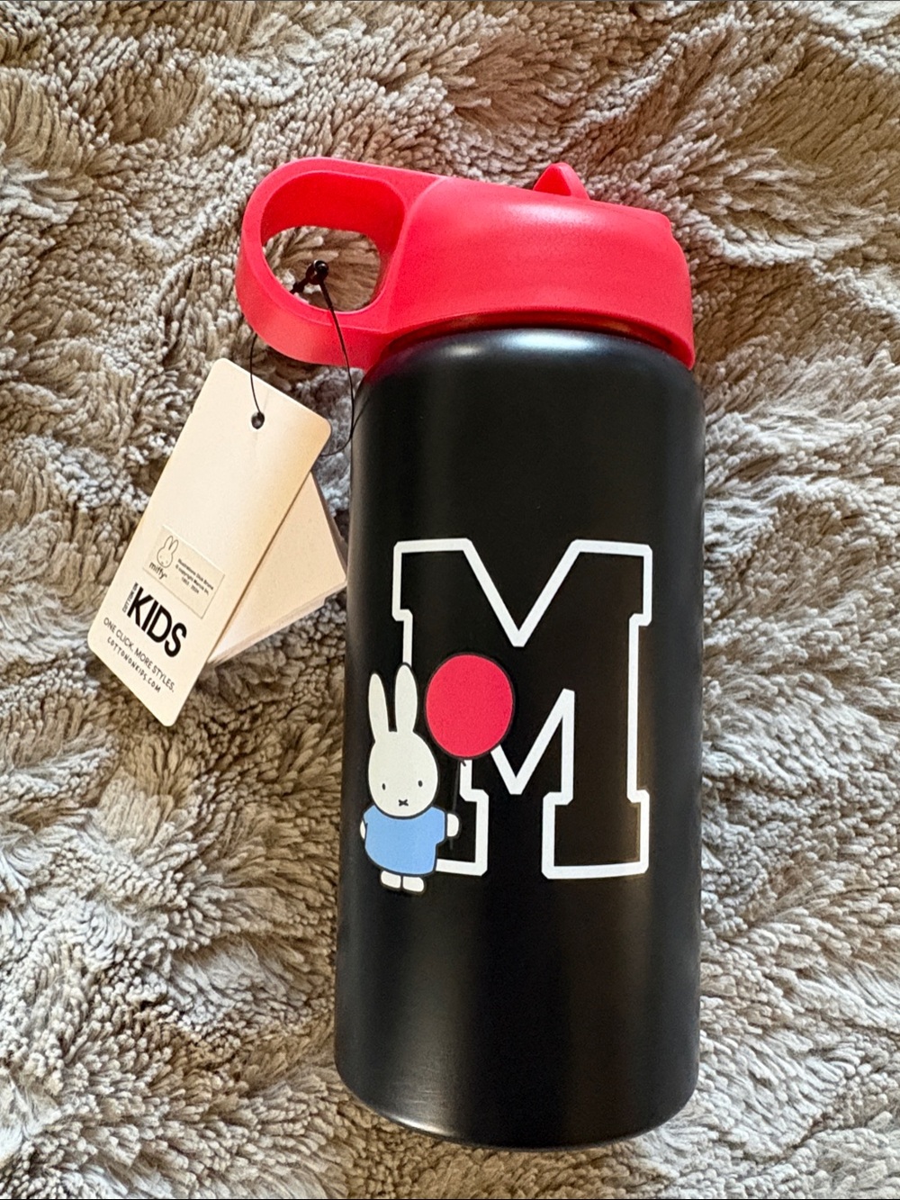 Kids Black Stainless Steel Bottle with Red lid and Miffy Graphic